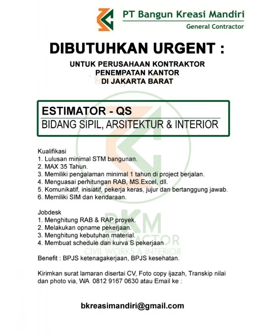 Lowongan Kerja Estimator & Quantity Surveyor – PT Bangun Kreasi Mandiri