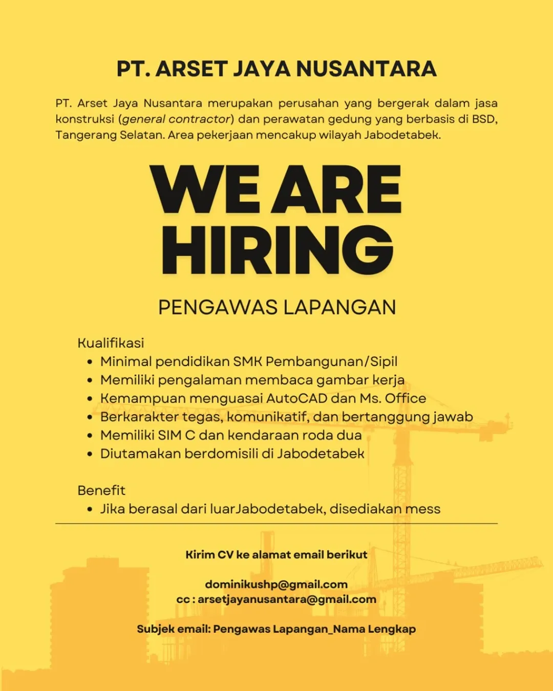 Lowongan Kerja Pengawas Lapangan – Jabodetabek