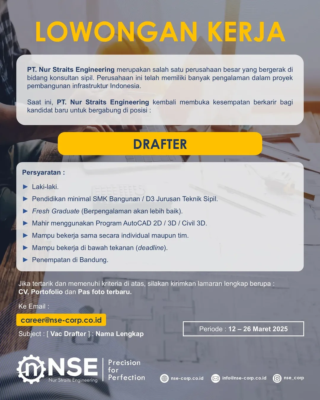 Lowongan Kerja Drafter – PT. Nur Straits Engineering