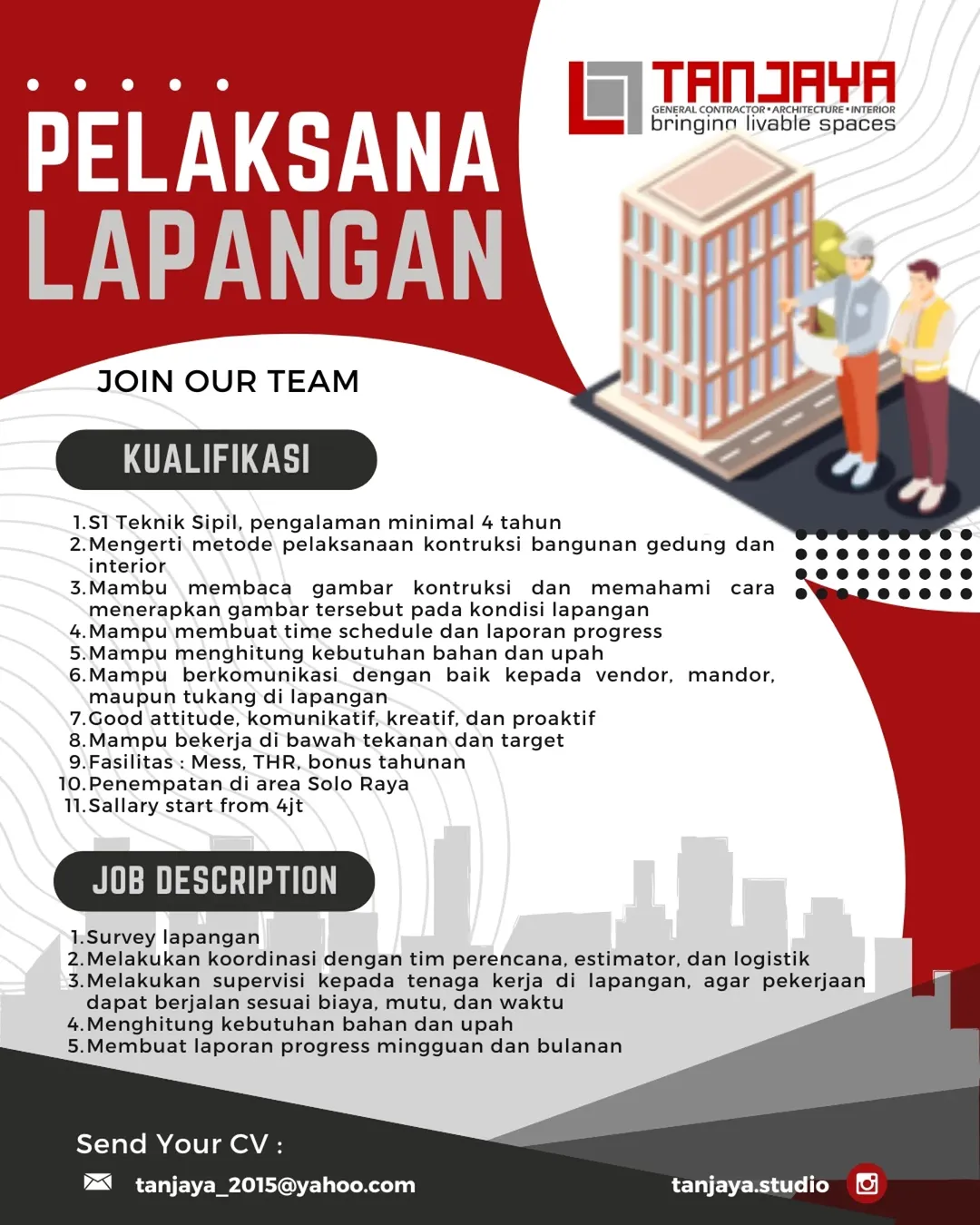 Lowongan Kerja Pelaksana Lapangan – PT Tanjaya