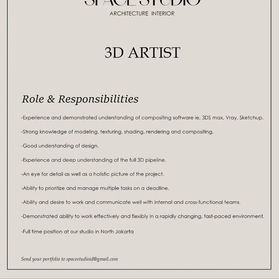 Lowongan 3D Artist Space Studio – Jakarta Utara | Arsitektur & Interior 2025