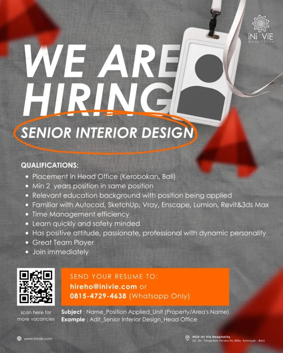 Lowongan Senior Interior Designer Bali – Ini Vie Hospitality