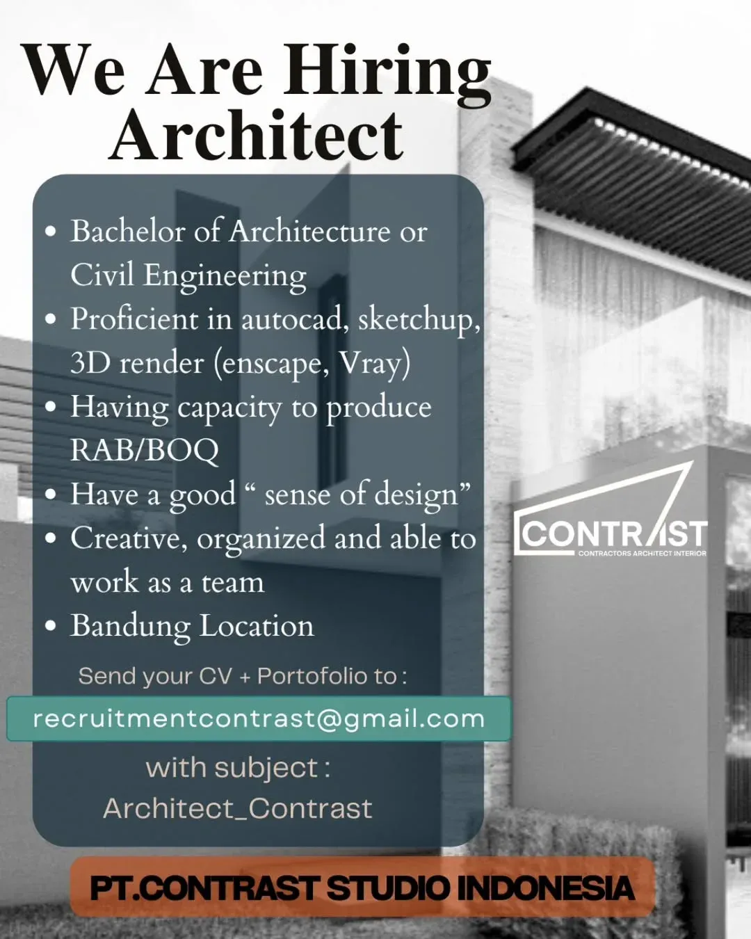 Lowongan Architect Bandung – PT. Contrast Studio Indonesia