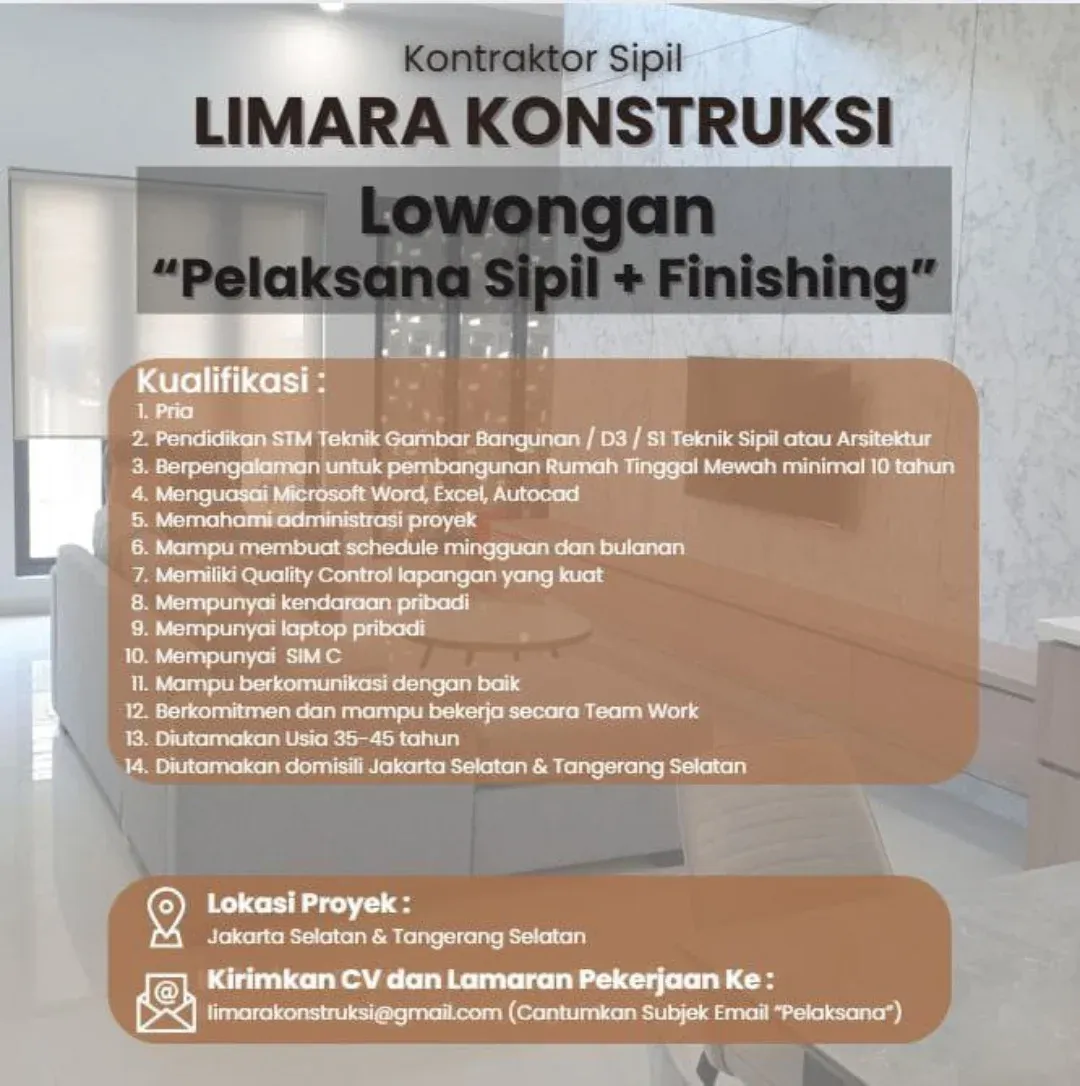 Lowongan Pelaksana Sipil – Limara Konstruksi Jakarta & Tangerang