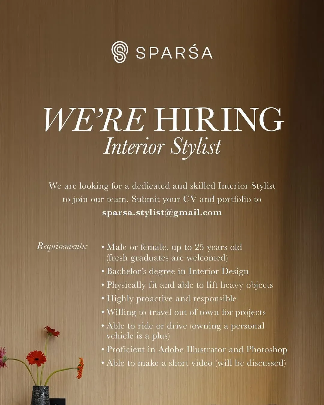 Lowongan Interior Stylist di SPARSA – Fresh Graduate Welcome