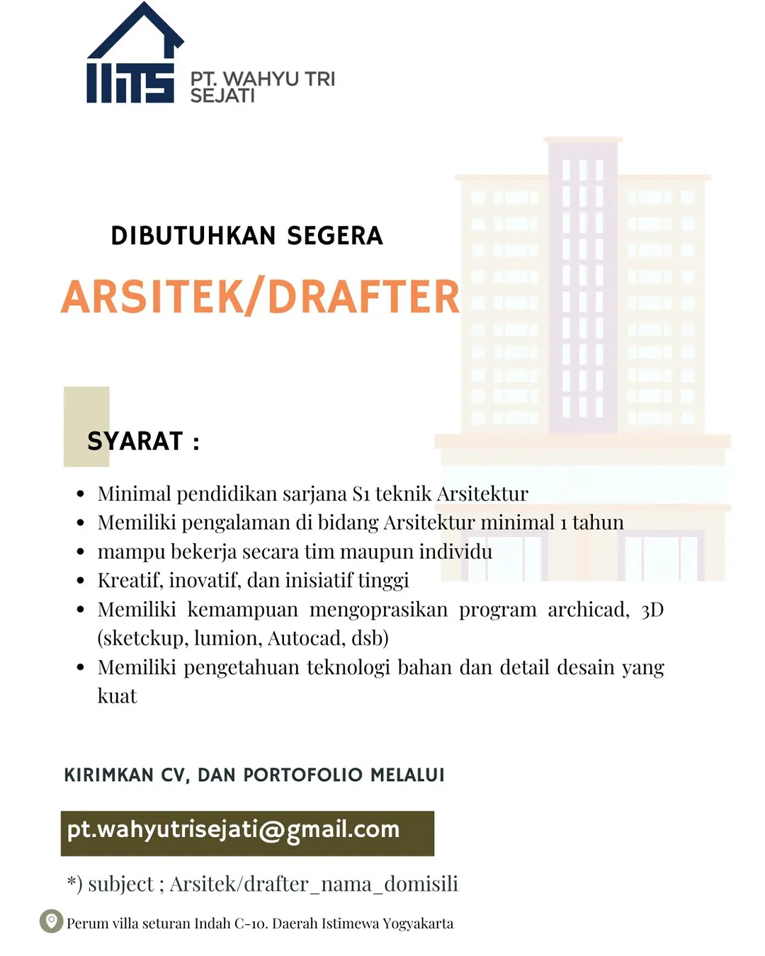 Lowongan Drafter Arsitek – PT Wahyu Tri Sejati Yogyakarta