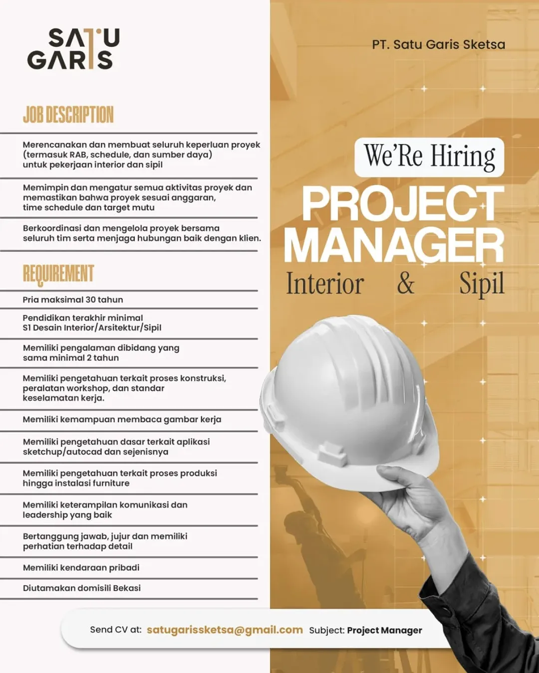 Lowongan Project Manager Interior & Sipil – PT. Satu Garis Sketsa