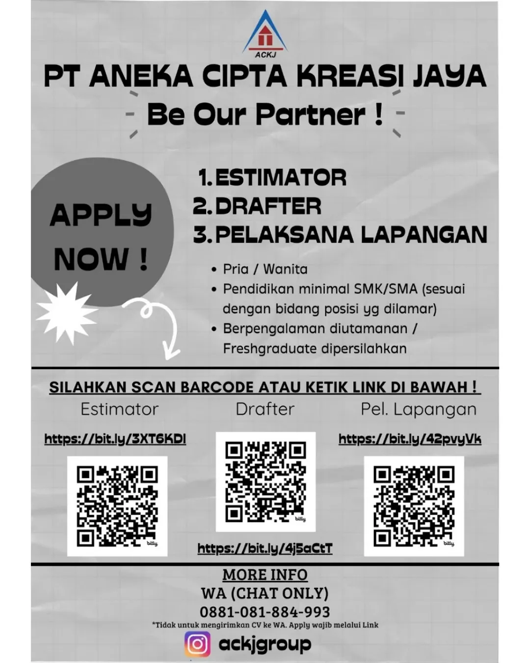 Lowongan Estimator, Drafter & Pelaksana Lapangan – PT Aneka Cipta Kreasi Jaya