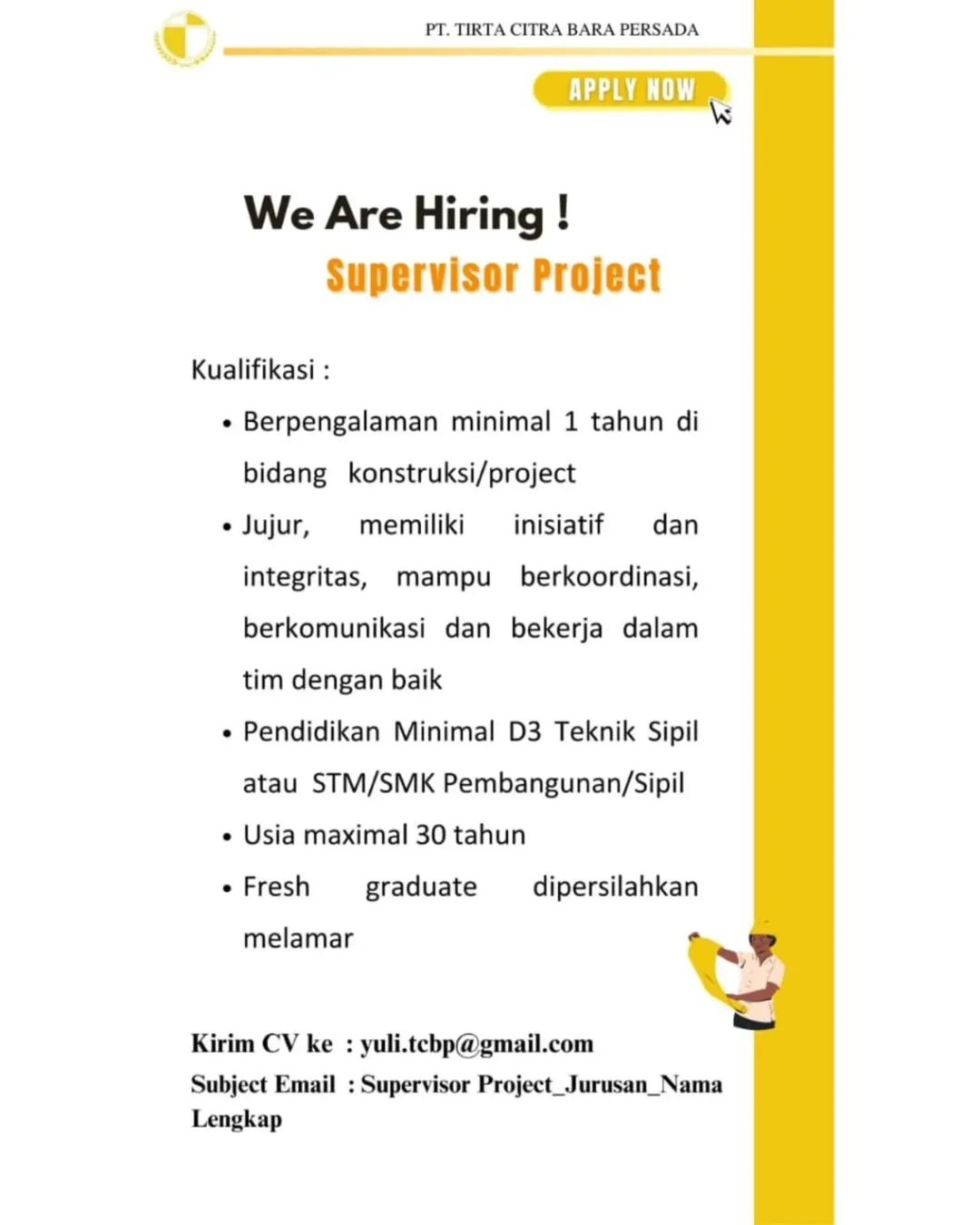 Lowongan Supervisor Project Teknik Sipil – PT Tirta Citra Bara Persada
