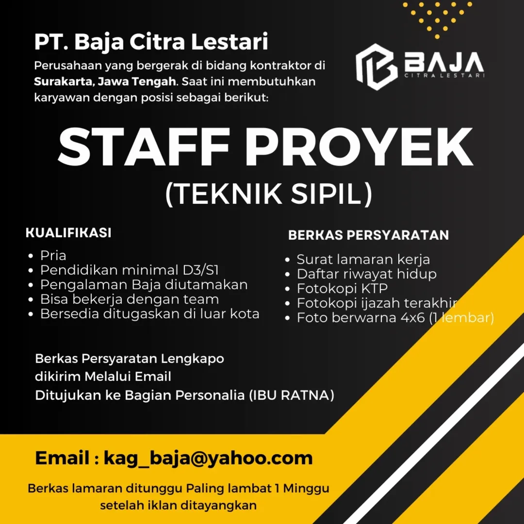 Lowongan Kerja Staff Proyek di PT. Baja Citra Lestari – Surakarta
