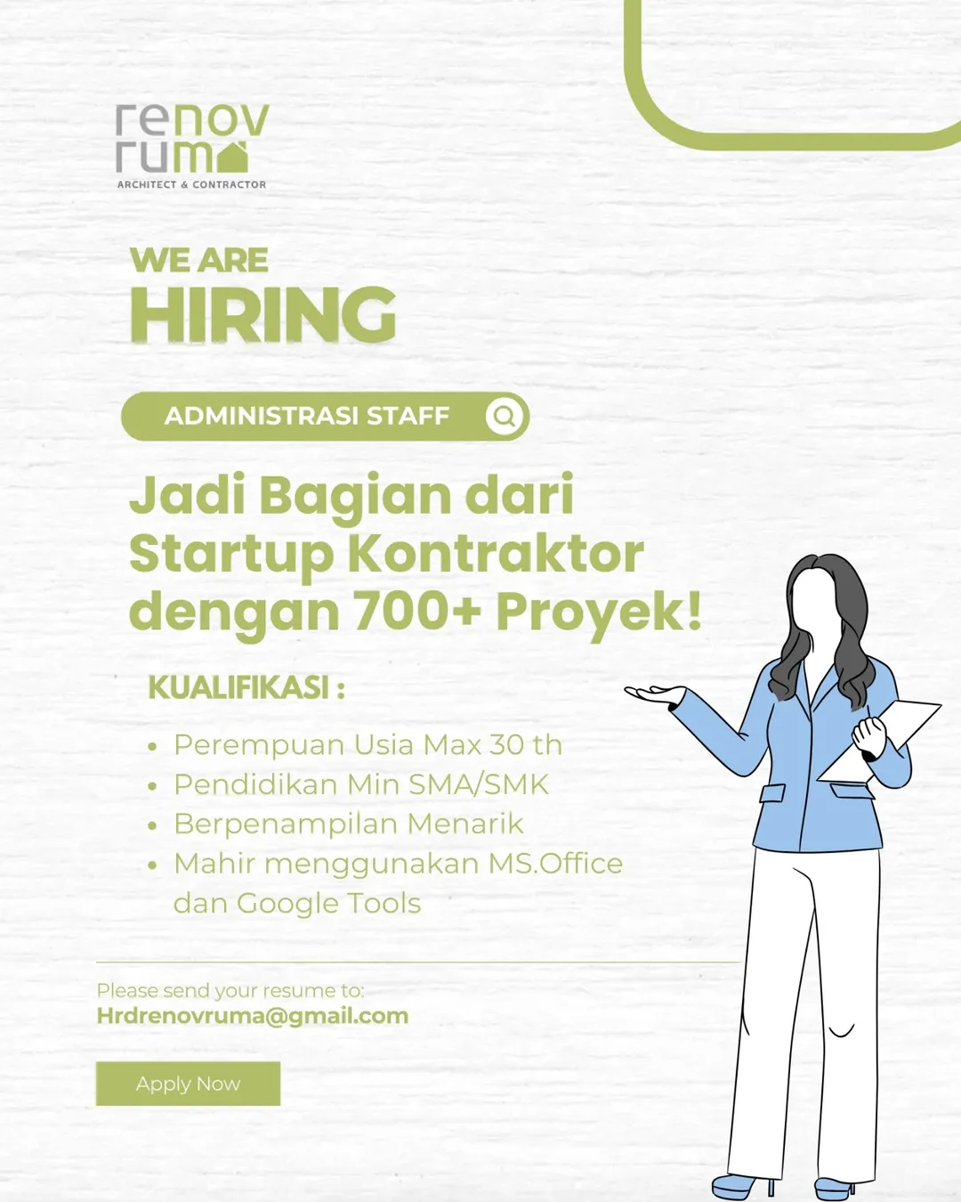 Lowongan Administrasi Staff Renov Ruma – SMA/SMK, Wanita