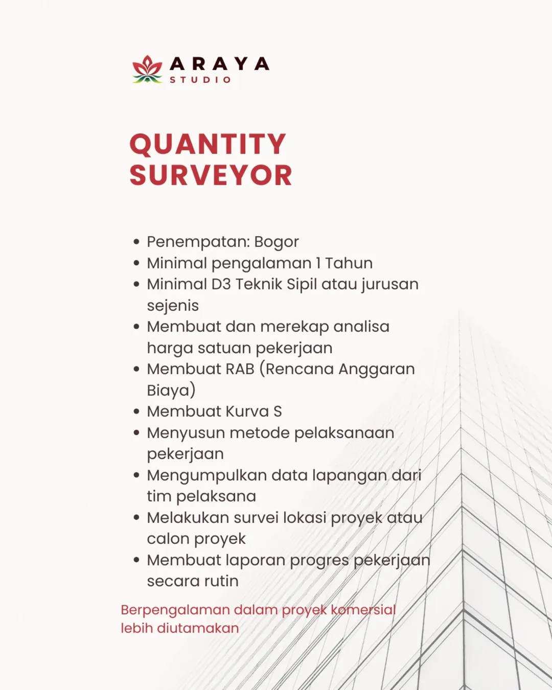Lowongan Kerja Quantity Surveyor – Araya Studio (Bogor)